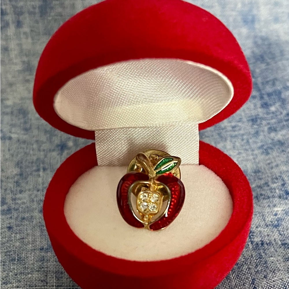 Enameled tiny apple pin with 4 crystals